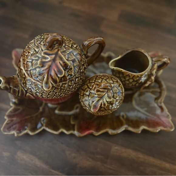 Vintage Thanksgiving Traditions Cracker Barrel Acorn Teaset Set W Box Complete - Picture 5 of 6